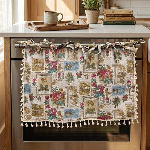 1PC NAPEARL Retro Botanical Pattern Oven Skirt, Tassel Edge Insulated Decoration Oven Door Curtain for Oven Cabinet Kitchen Home Decor