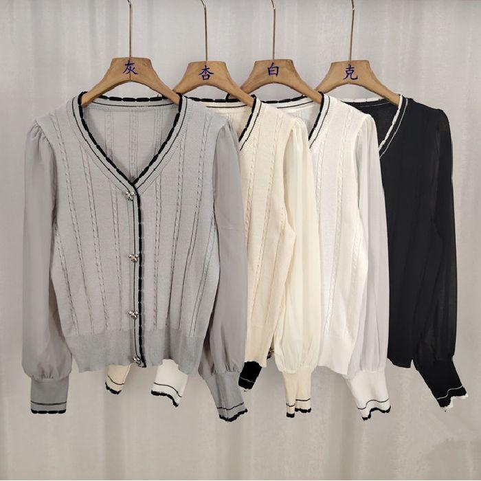 V-neck Patchwork Women's Short, Stylish, Thin Long-sleeved Top