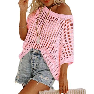 Letní sexy top s pětinovým rukávem s výřezy a průstřihy, pulovr, plážová tunika, pletený svetr pro ženy