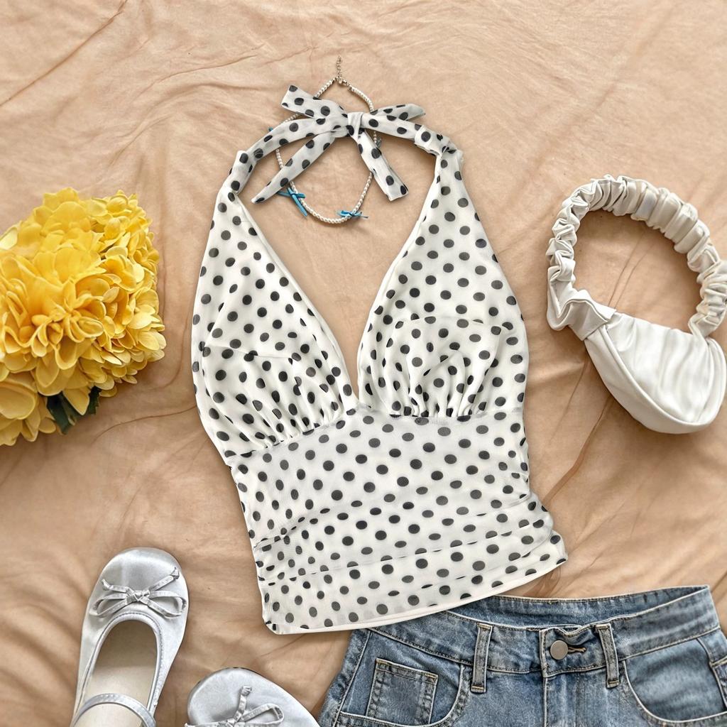 French retro polka dot neck top deep V-fold waist back lace-up pure desire Spice Girl short vest