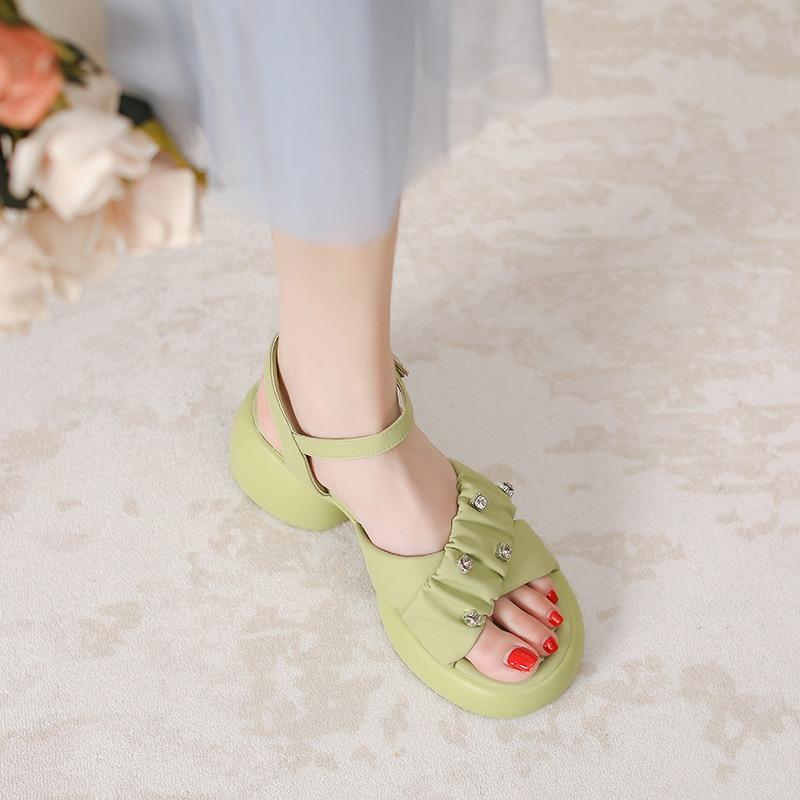 Sandals women's summer new fashion rhinestone small retro beach platform non-slip high heels