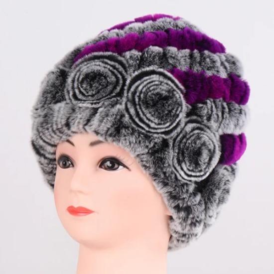Hot Sale Winter Women Flower Striped Natural Real Fur Hats Lady Warm Knit Genuine Rex Rabbit Fur Caps Outdoor Fur Beanies Hats