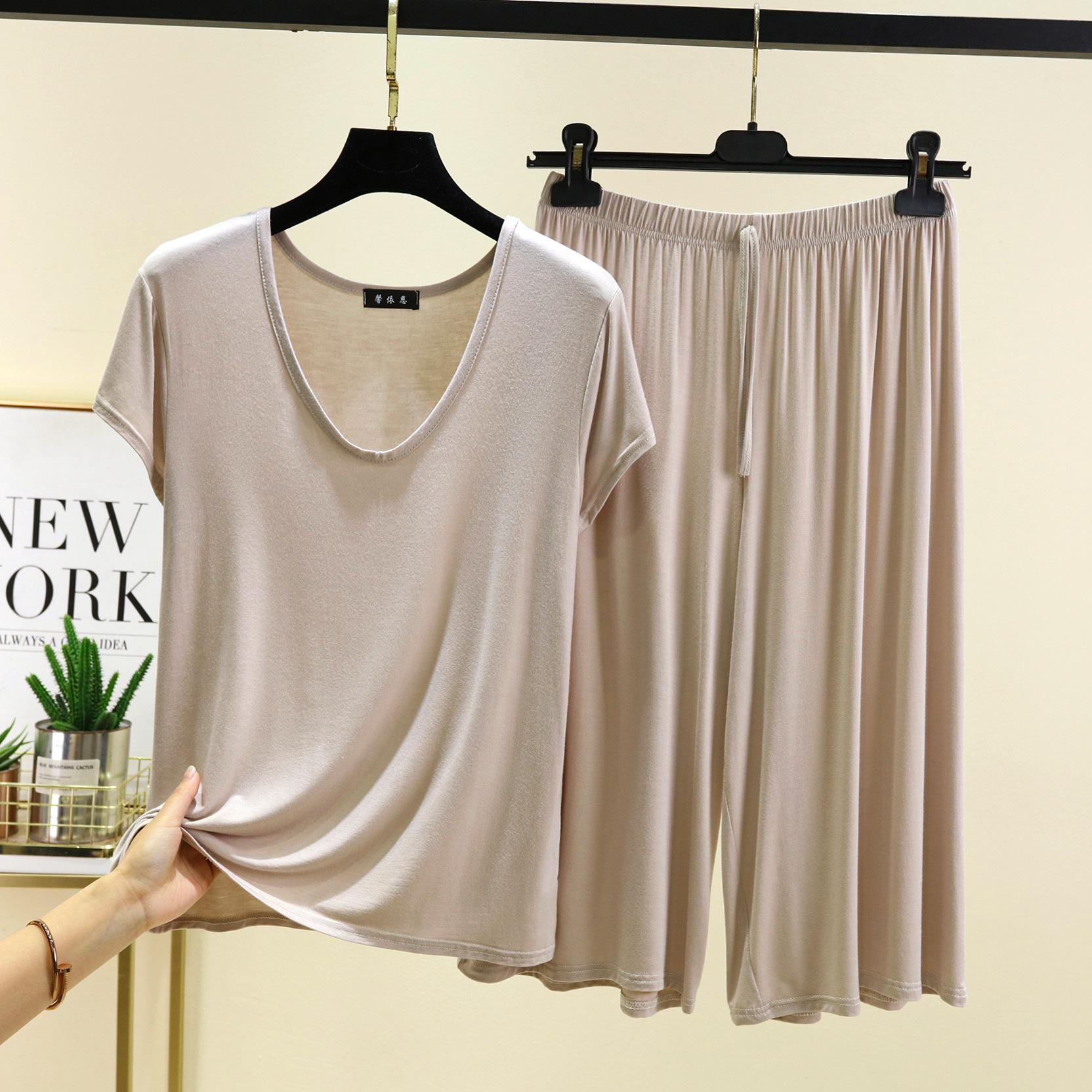 

M-6XL Plus size Modal Homewear комплект из 2 предметов: футболка с коротким рукавом и брюки длиной до икры, однотонные свободные пижамные комплекты, женская одежда для сна 6XL бежевый