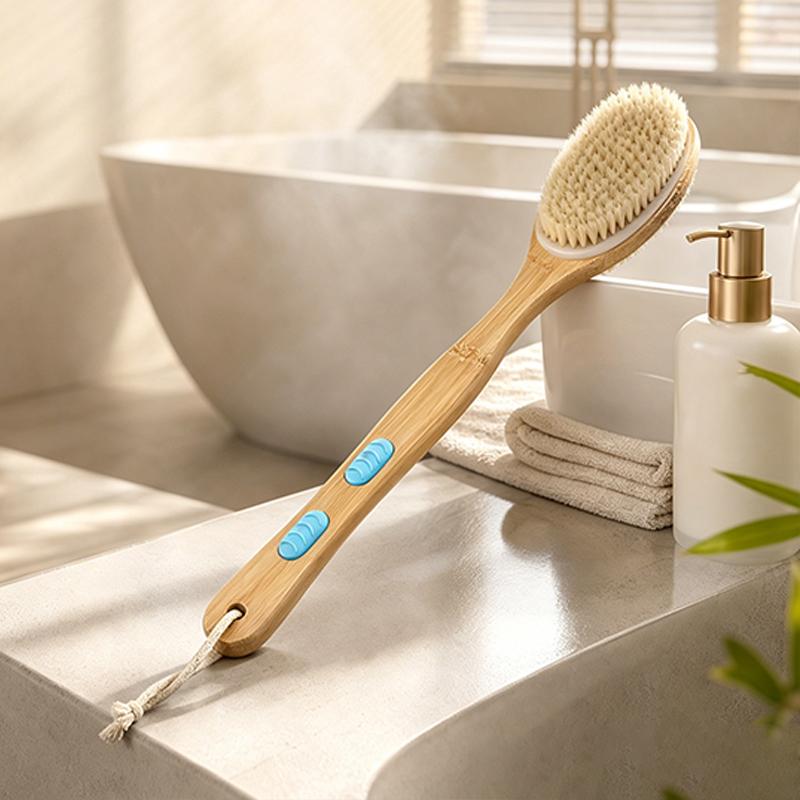 Bristle Shower Brush with Non-slip Long Wooden Handle Exfoliating Massage Scrubber for Back Foot Body Bathing