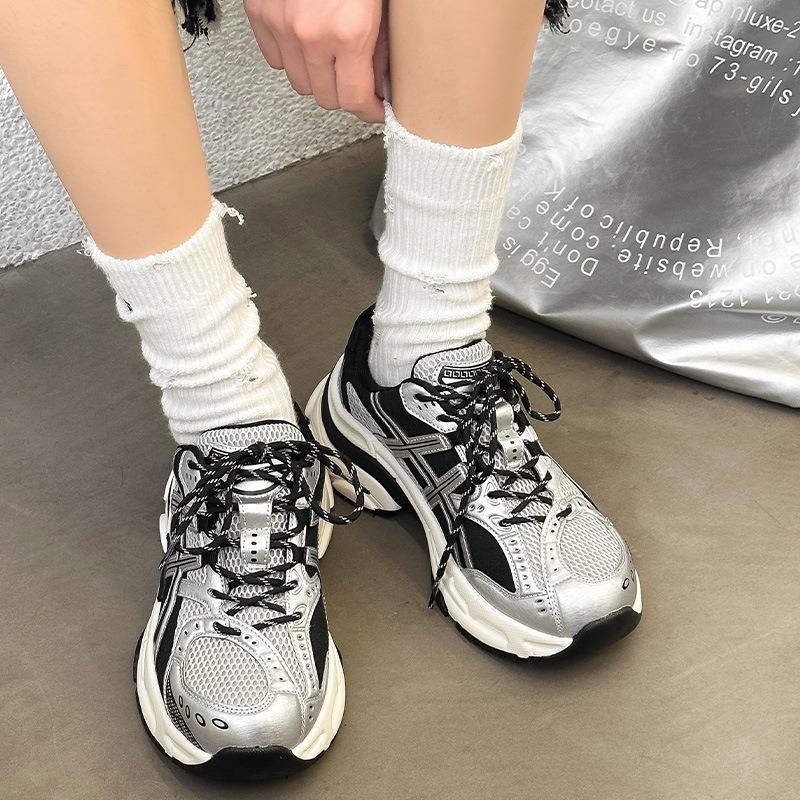Platform dad shoes women's spring 2025 new leather breathable mesh splicing fashion shallow mouth casual sports shoes