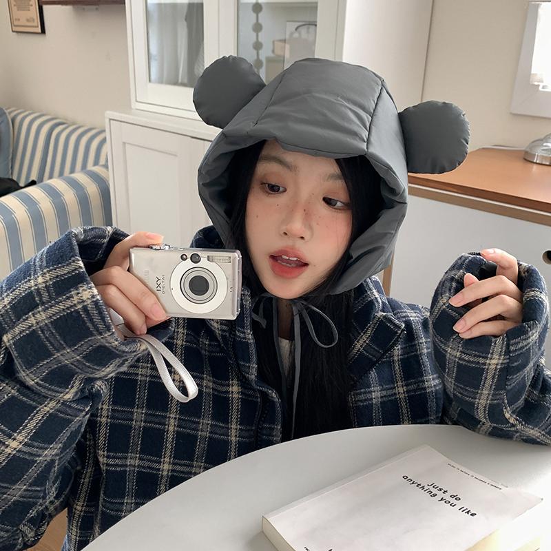 

Down cotton warm ear protection hat female cute Mickey ears winter thickened cold lace-up hat Adult (56-58cm) бордовий