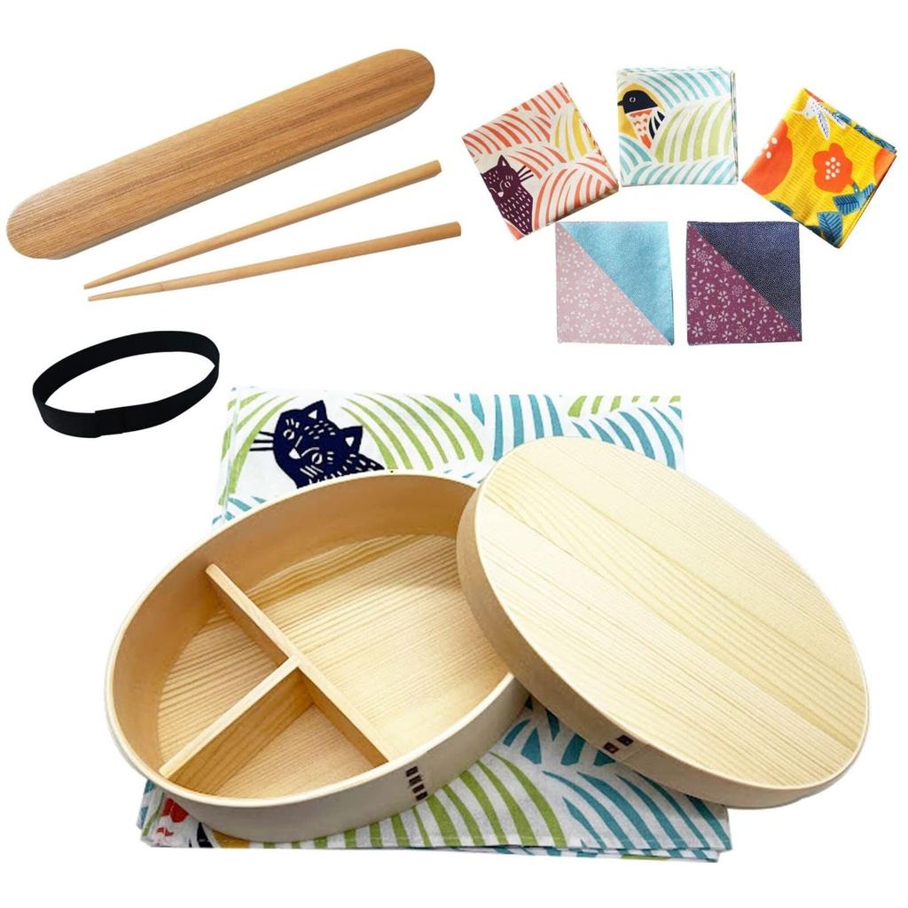 in an Save Magewappa Bento with Furoshiki Wrapping Full Cat and Cat Green [Made SGS-certified factory] Box, 700ml, White, Japanese-made Cloth, Set,
