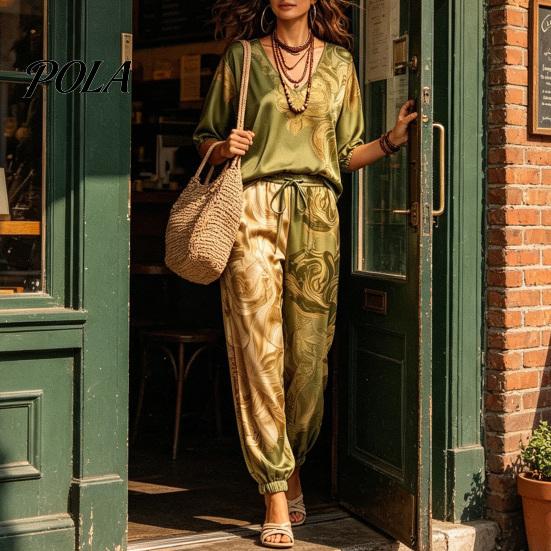 Pantaloni a vita alta regolabili Set estivi da 2 pezzi per donna, Stampa floreale Manica a sbuffo 3/4 Stile bohémien da resort Vestiti Top con scollo a V e abbinamento