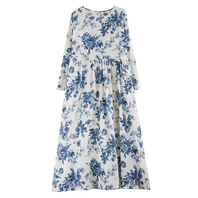 Johnature Woman Spring Long Sleeves Vintage Style Dress Chinese Style Casual Print O-Neck Loose Dress