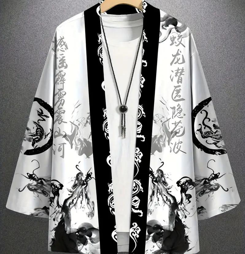 Unisex Kimono Dragon Print Top Fashion Casual Cardigan Yukata Outfit Japanese Streetwear Traditional Clothing