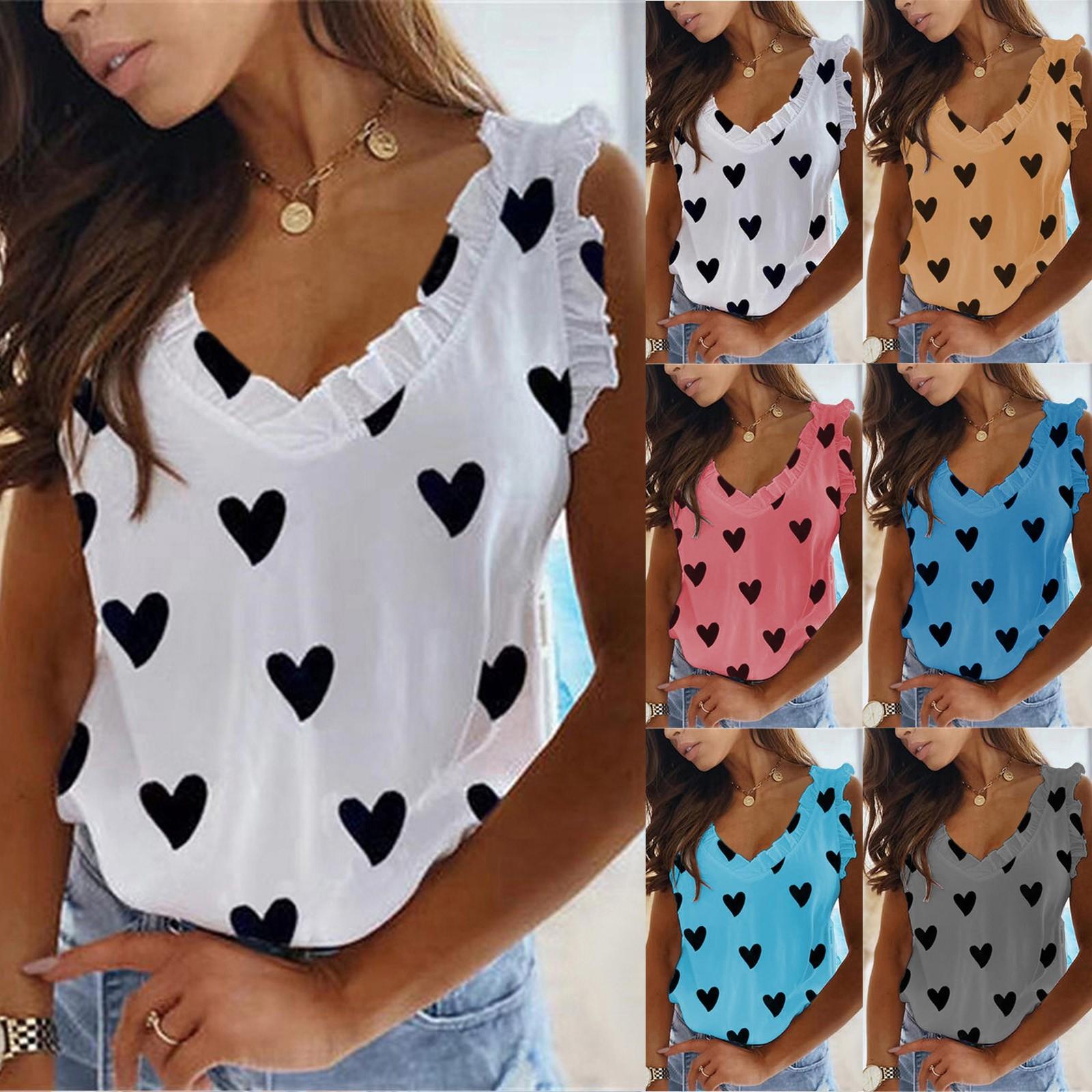 

Women s Ruffles Sleeveless Love Print Vest Tank Tops Casual T-shirt Blouse