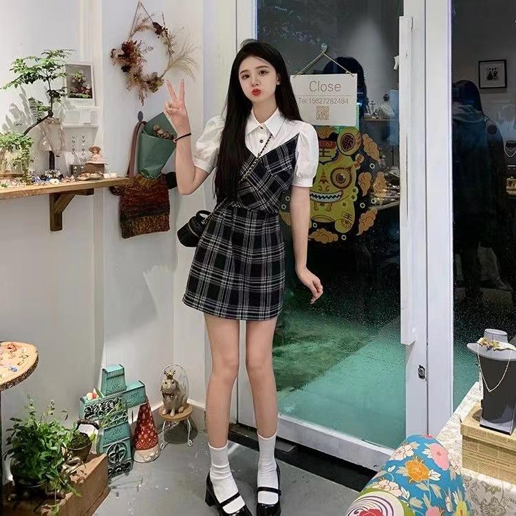 Shirt Splicing Plaid Dress Women's Summer New Popular Niche Design High-end Fake Two-piece Skirt