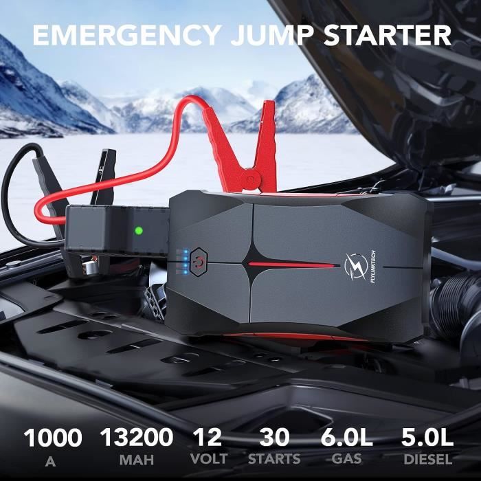 Démarreur Batterie Voiture - FLYLINKTECH - Booster 1500A 13200mAh 12V - Lampe LED - Pince Sécurité - Universel