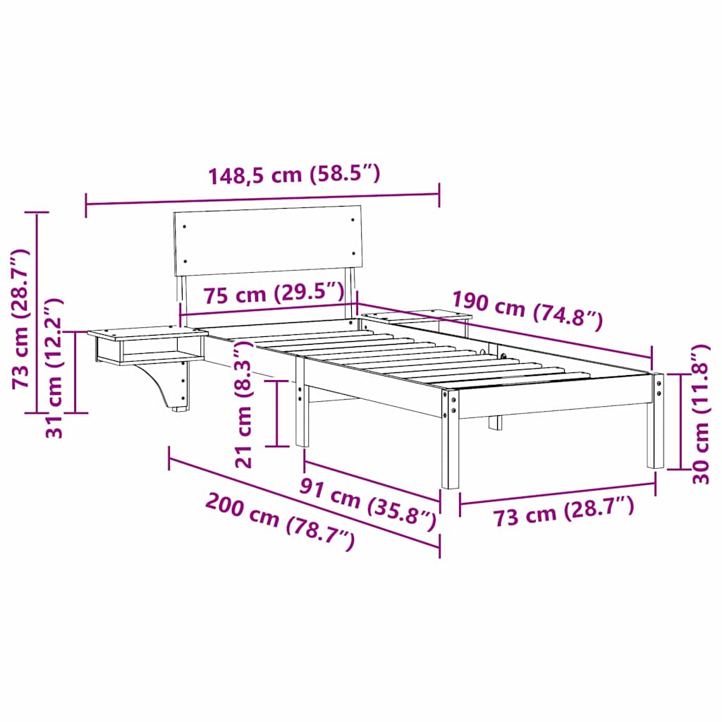 Brown Bed Frame with Headboard 75 x 190 cm Solid Pine Wood