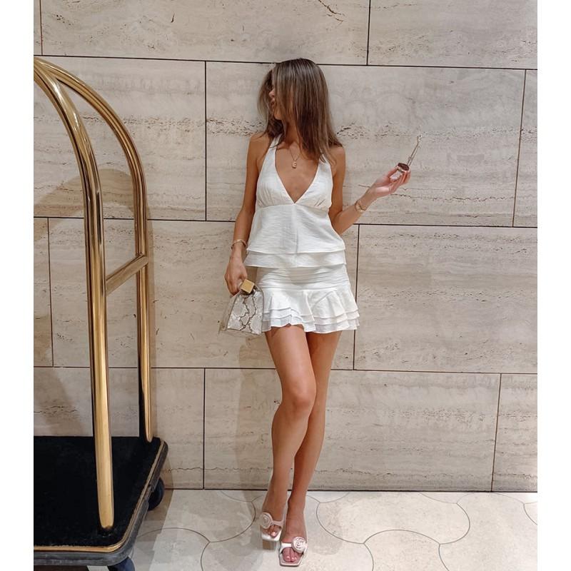 Womens French Style White Halter Top Skirt Set Elegant Ruffle Trim Two Piece Suit Work
