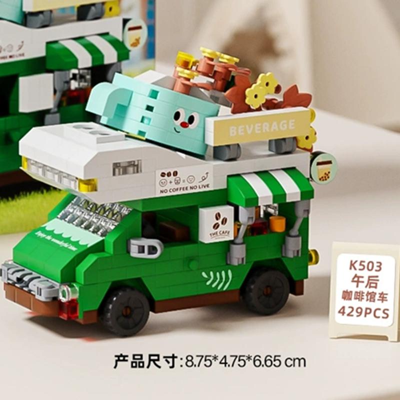 Latest Diy Coffee Car Buns Food Truck Ice Cream Store Flower Street View Construction Blocks Kit Blocks Model Plaything