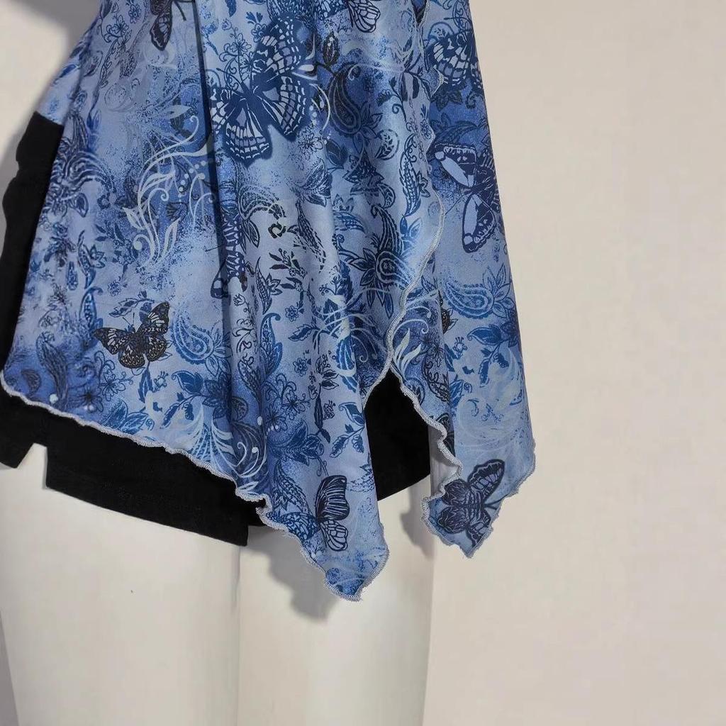 Top Halter Mariposa Azul Retro Americano - Dobladillo Irregular Estilo Fresco Camisola