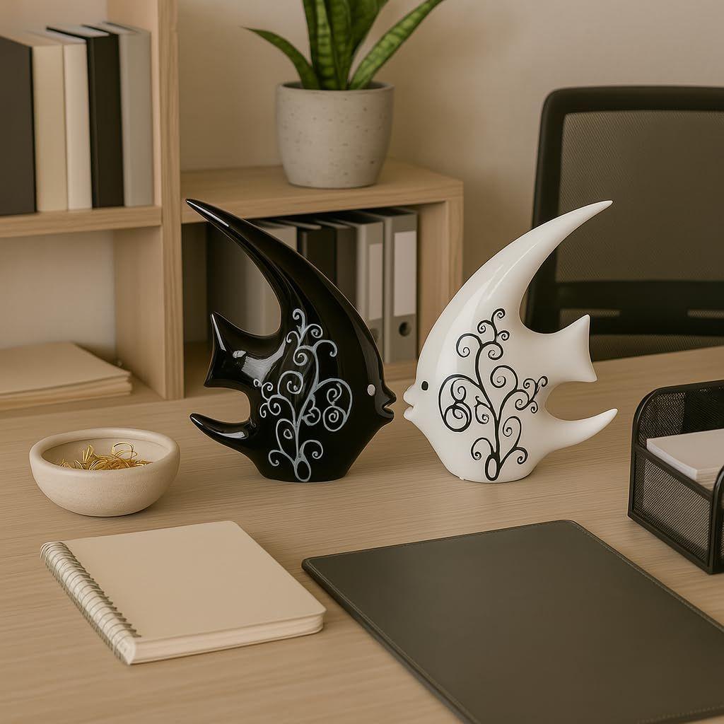 

Ceramic Modern Minimalist Black and White Love Fish Art Figure|Beautiful Home Decor-(Set of 2 Pc,Black & White)
