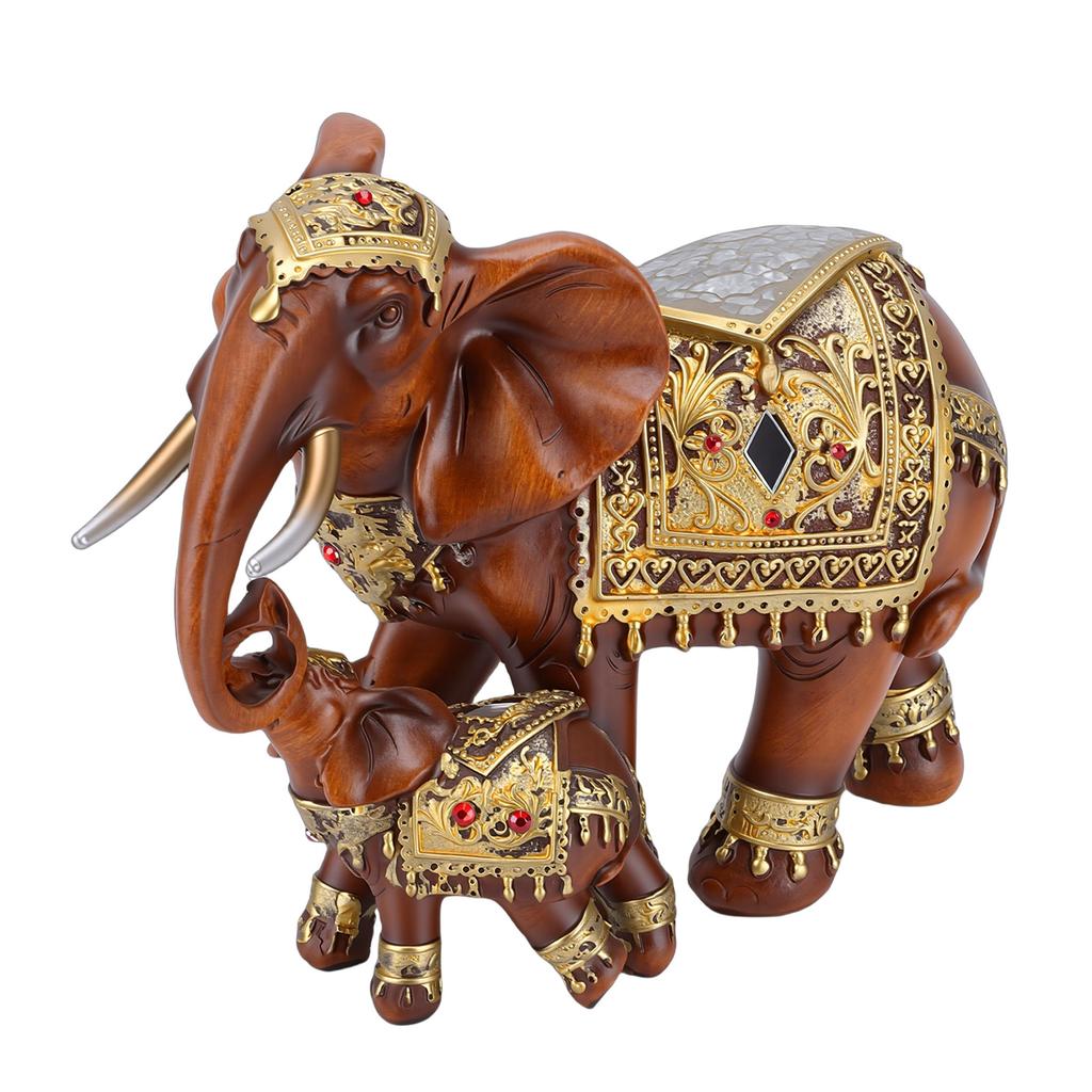 Mom and Baby Elephant Statue Exquisite Lifelike Imitation Wood Grain Resin Elephant Figurine Collectible Decor for Home