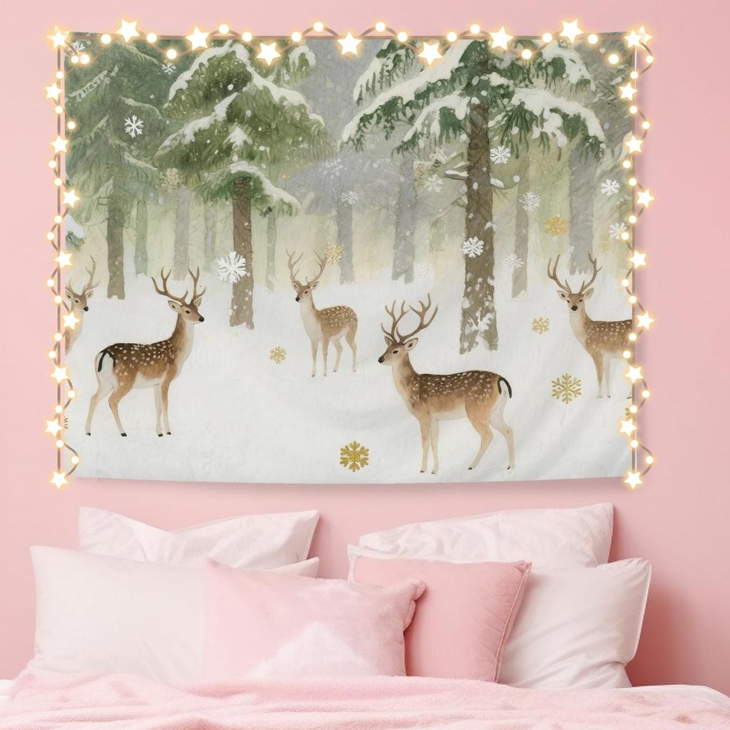 Winter Christmas Deer Tapestry,Rustic Christmas Wall Tapestry For Bedroom, Winter Snowy Forest Xmas Deer Tapestries Wall Hanging