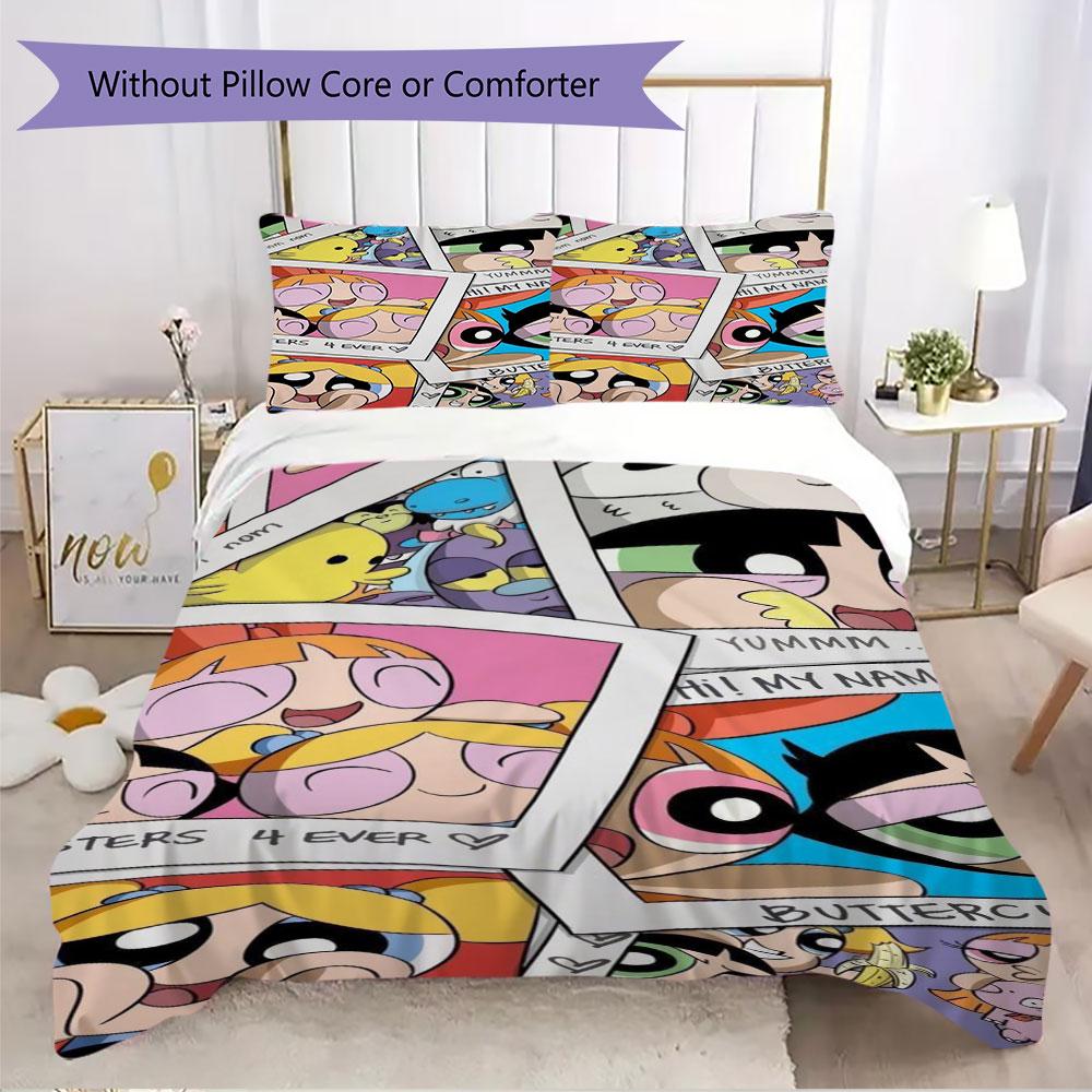 Cartoon Powerpuff Girls print children's duvet cover set, soft and skin-friendly, available in multiple sizes, bedroom bedding.