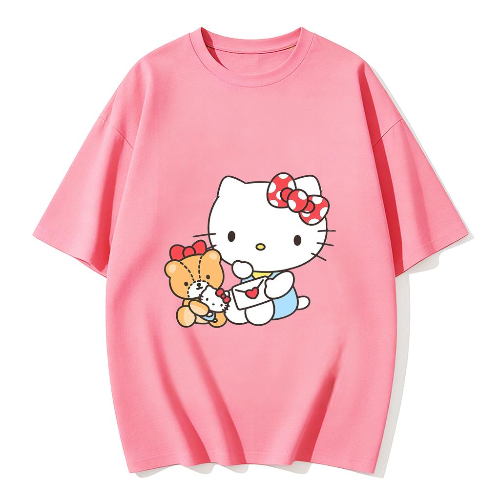 2026 Summer Hello Kitty Cartoon Printed Short Sleeve Pure Cotton Tshirts Womens Family Matching Outfits Tops Tee Trendy Y2k