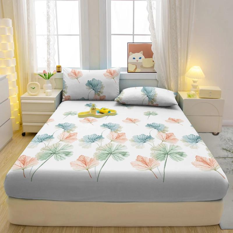 Simple 1 Modern Plant Flower Printed Matte Fitted Sheet, Bedroom Printed Bed Cover, Bedding Excluding Pillowcases