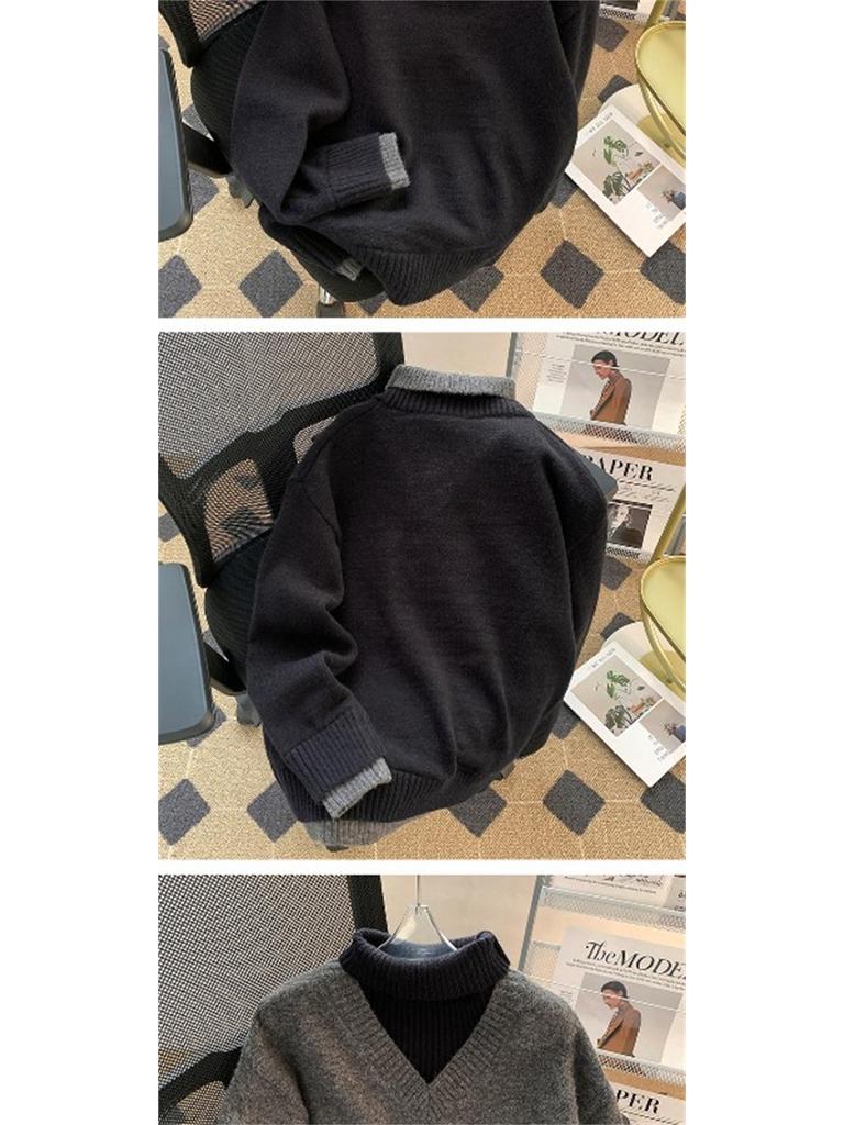 Men's Korean-Style High-Collar Knitwear: Loose Solid Color, Elegant Two-Piece Look, Versatile Winter Pullover