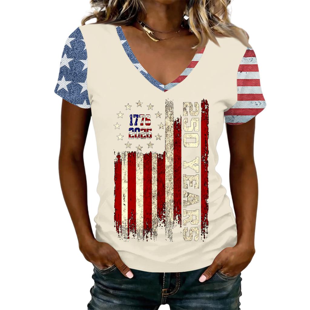 Women’s V Neck Lightweight Short Sleeve Top with Distressed Flag and 250 Years Print for Spring Summer Casual Wear