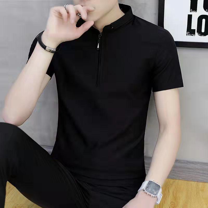 Men Stand Collar Half Zip Short Sleeve Polo Shirt Solid Slim Ice Silk Casual Summer Top