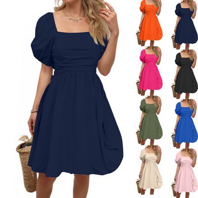 Women's Puff Sleeve Pull-out Solid Color Pullover Square Neck A-line Swing Dress