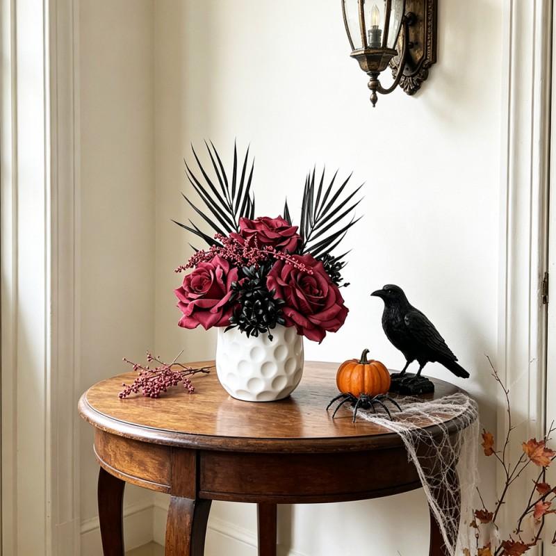 Gothic Halloween Artificial Rose Bonsai With Sword Leaves Dark Decorative Fake Flower Arrangement Home Office Cemetery Theme
