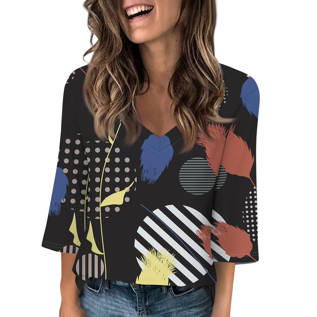 Women's V Neck 3/4 Sleeve Tops Casual T Shirts Basic Summer Tees Loose Pullover Top