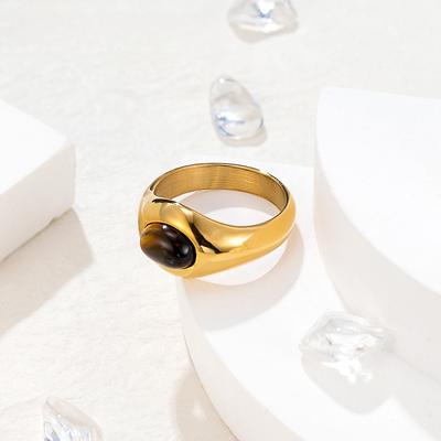 Vintage Oval Tiger's Eye Stone Ring Women's Niche Light Luxury High-end Ring Titanium Steel Electroplating Gift
