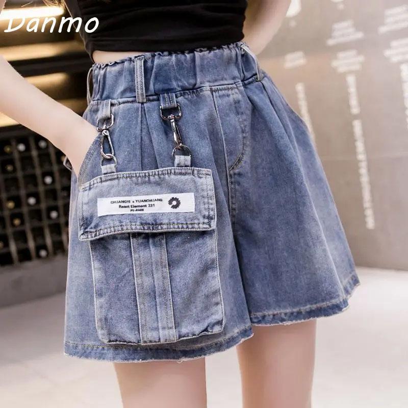 

Danmo эластичные женские шорты с высокой талией, летние модные повседневные однотонные джинсовые шорты со съемными карманами и рюшами, широкие брюки в стиле сафари