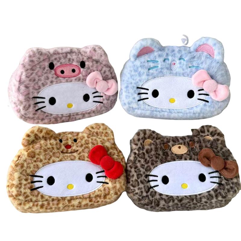 Hello Kitty Plush Pencil Case New Leopard Print Japanese Style Large Capacity Aesthetic Stationery Pouch For Adult Daily Use