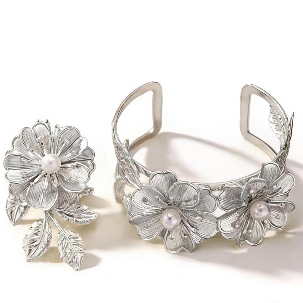 Retro Floral Faux Pearl Adjustable Bracelet Ring Set for Women