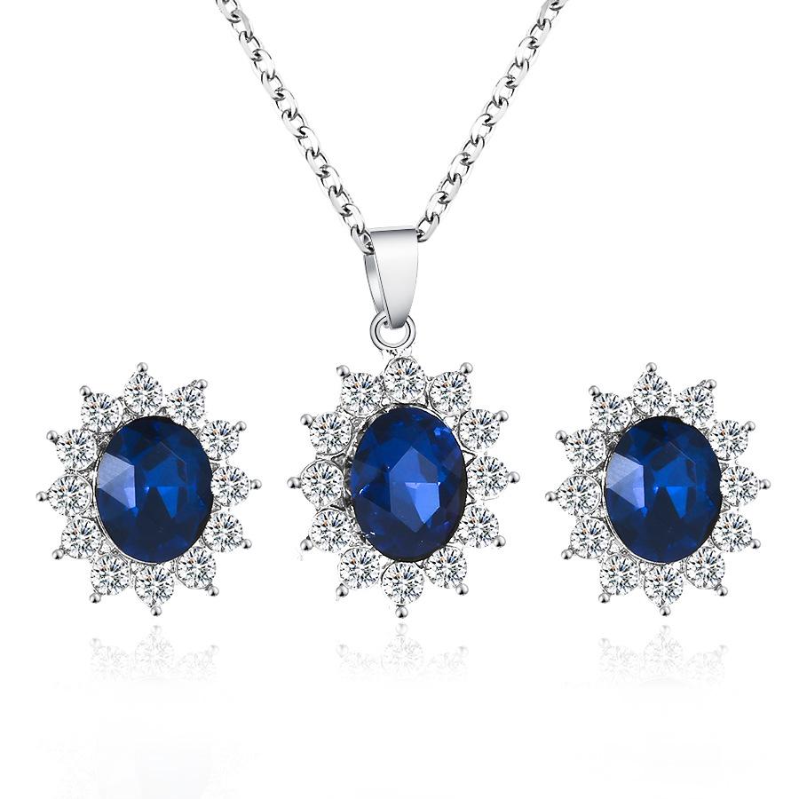 European & American Fashion Jewelry Set: Sunflower Zircon Earrings & Kate Middleton Tanzanite Sapphire Pendant Necklace