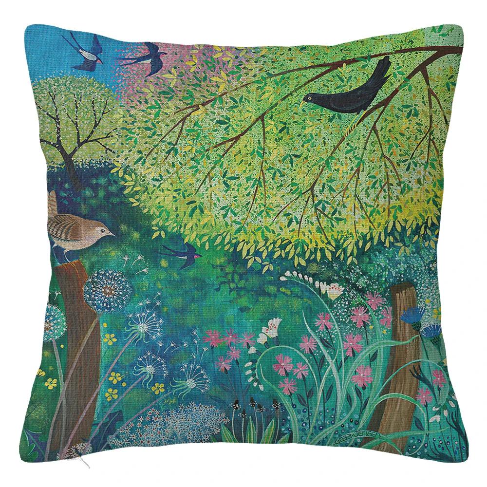 Branch Bird Flower Linen Pillowcase Sofa Cushion Cover Home Decoration Can Be Customized for You 40x40 50x50 60x60 45x45