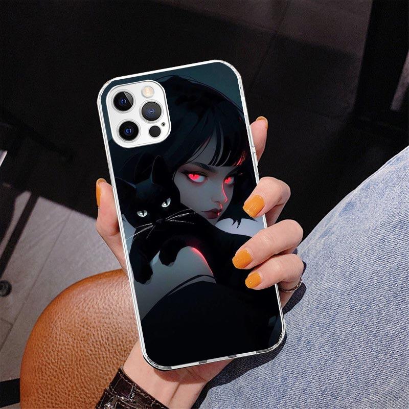 Anime Girls Cute Black Cat Phone Case For iPhone 17 Air 16 Pro Max 16E 15 + 14 Plus 11 12 13 Mini 7 8 SE Gift Print Cover Fundas