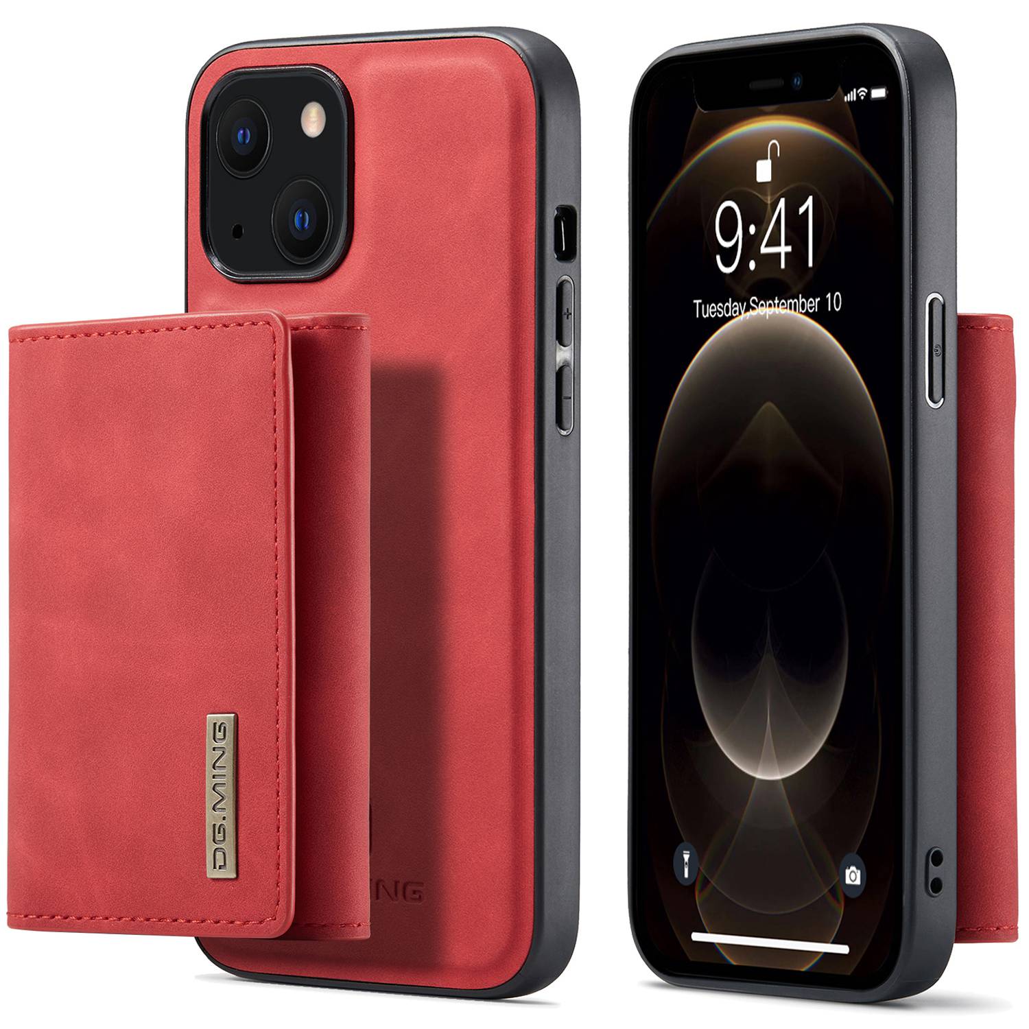 

DG.MING M1 Series Anti-Drop Kickstand Case for iPhone 15 PC+TPU+PU Magnetic Wallet Phone Shell Red