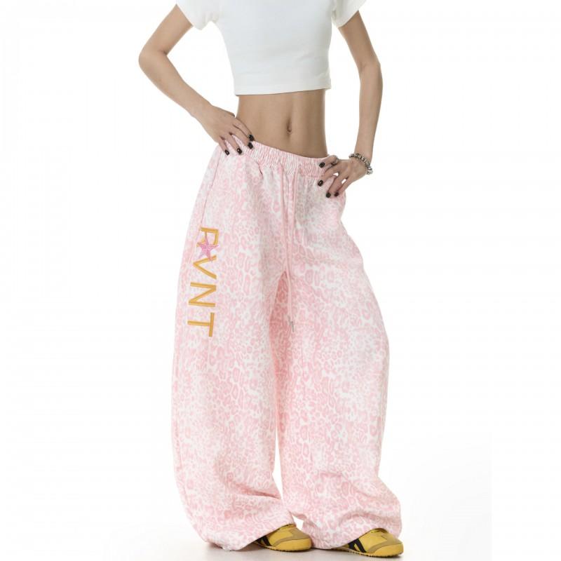 Womens Retro Leopard Print Pink Embroidered Wide Leg Pants Loose Casual Trousers