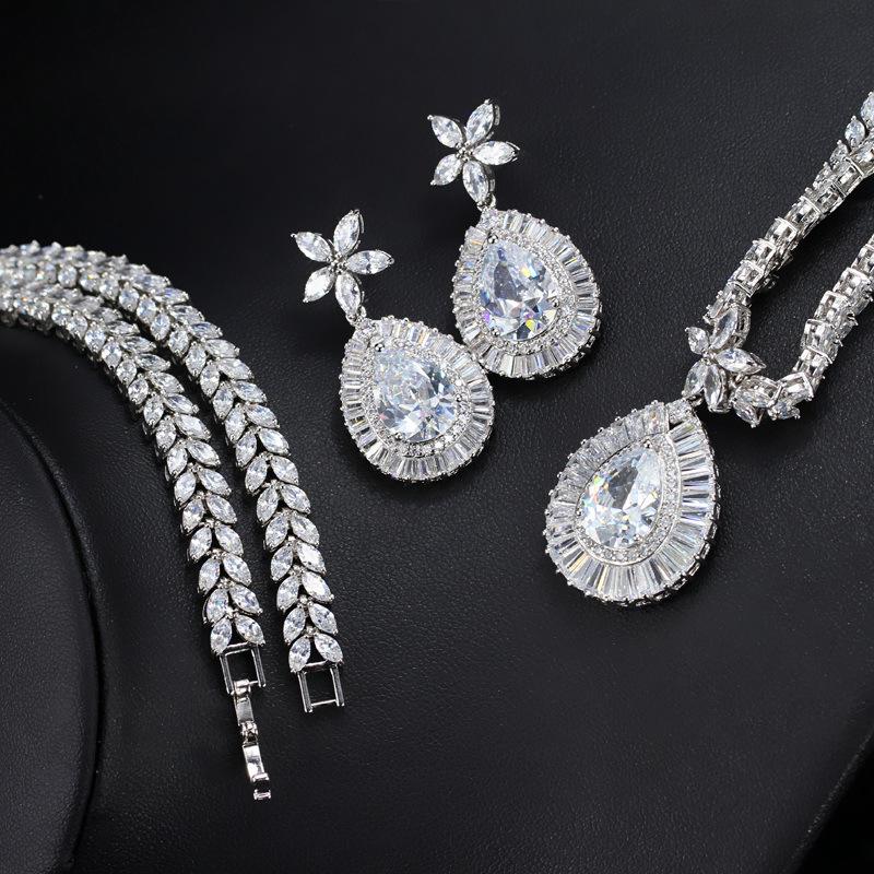 Ladies Jewelry Set, Real White Gold Plated With Gemstones, Necklace Earrings Two Piece Bridal Set Chain
