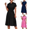Women's Fashion Casual Color Lapel Button Shirt Tie Short Sleeve Dress