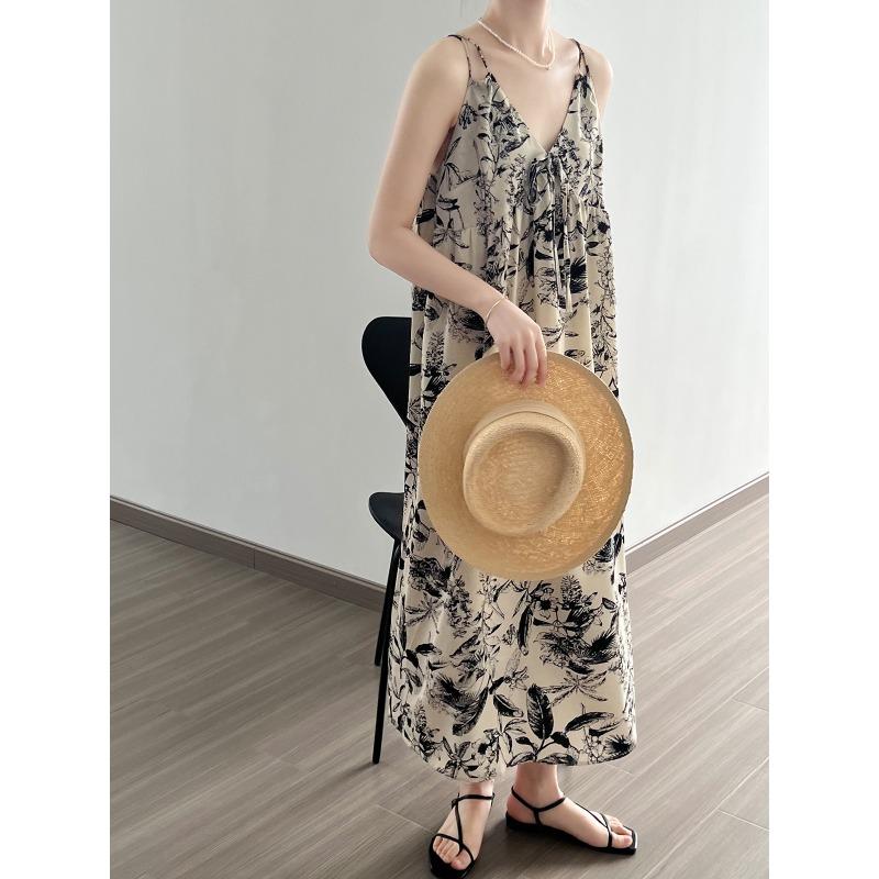 Ink Print V-neck Halter Dress Summer Lazy Style Long Floral Dresses