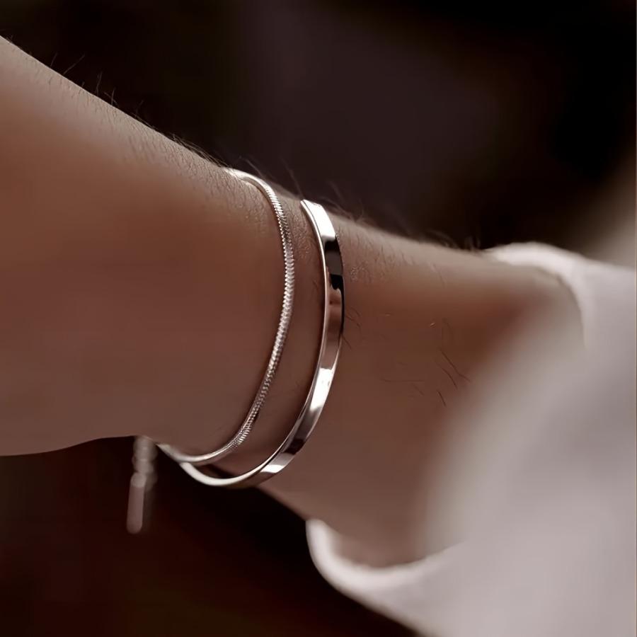 Men's Fashion Jewelry Set - Stainless Steel Stackable Bracelet, Delicate Bangle, Snake Chain, Square Link, Cuban Link Combo