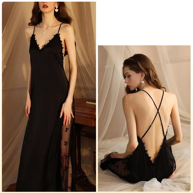 Women Sexy Lace Patchwork Nightgown Long Kimono Bath Gown Loose Suspender Nightdress Intimate Lingerie