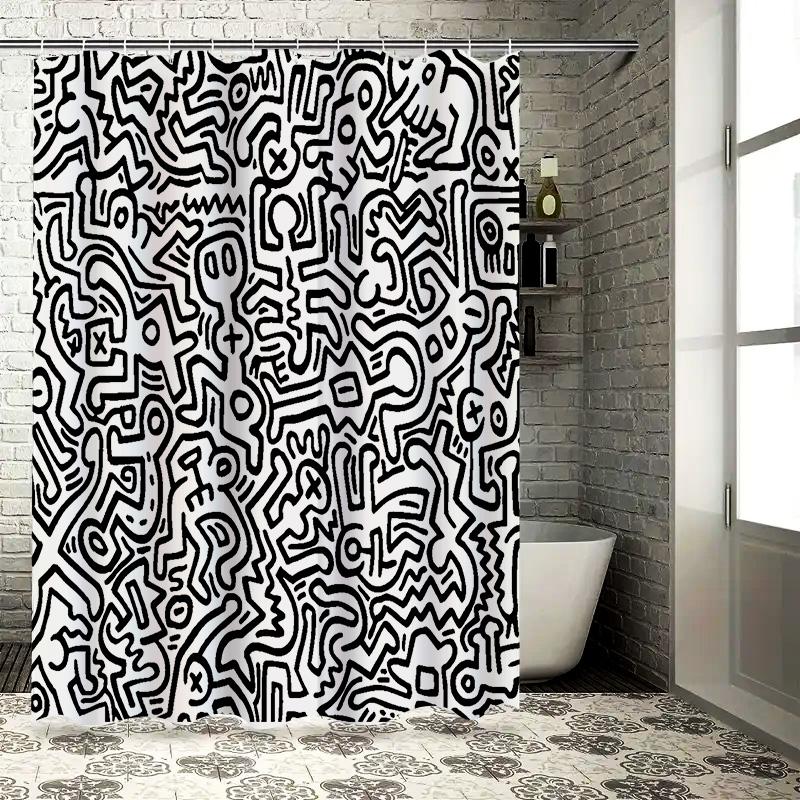 

Elegant Black White Graffiti Waterproof Mildewproof Bathroom Curtain Decor Suitable For Wet And Dry Separation Elevate Space W60H190(CM)-1 Pcs
