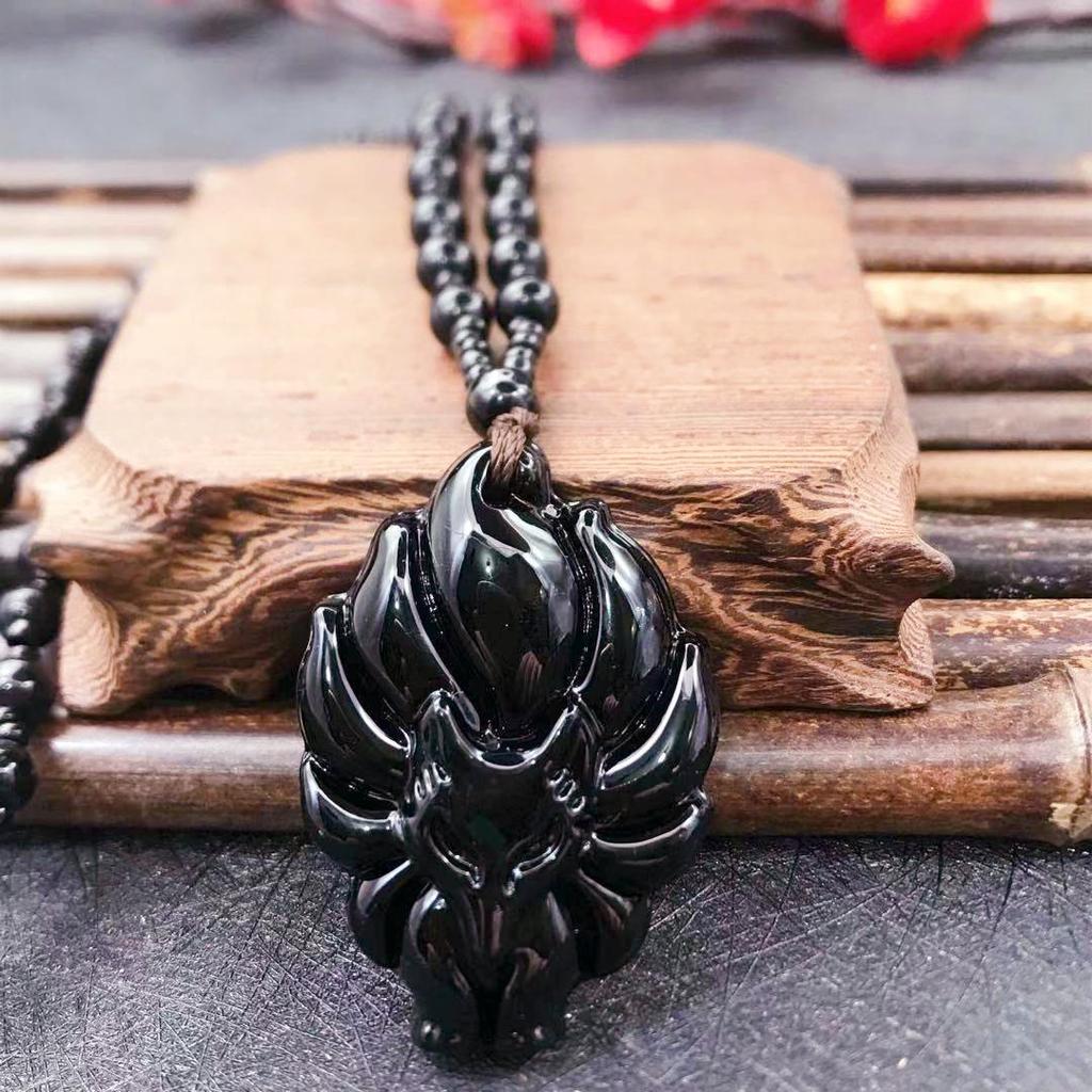 Obsidian Nine-Tailed Fox Pendant Necklace for Men and Women
