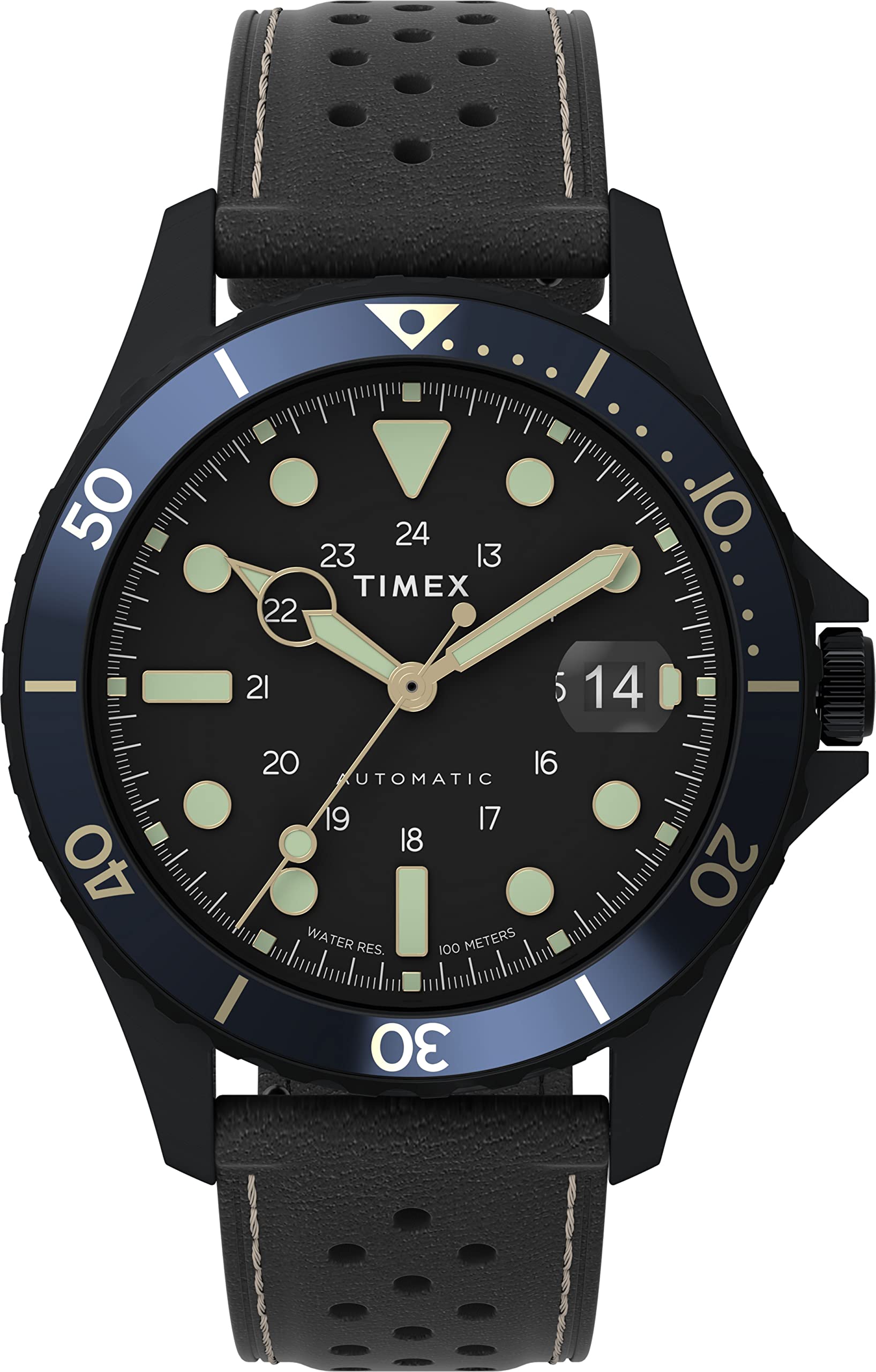 

Timex Men s Navi XL 41mm Watch, Black/Black/Blue. , One Size, 41mm Navi XL Automatic Leather Strap Watch